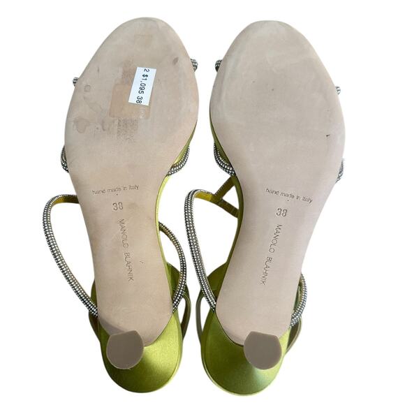 Manolo Blahnik Lucecry Satin Green Yellow Crystal Strappy High Heel Sandals 38 - Picture 10 of 14